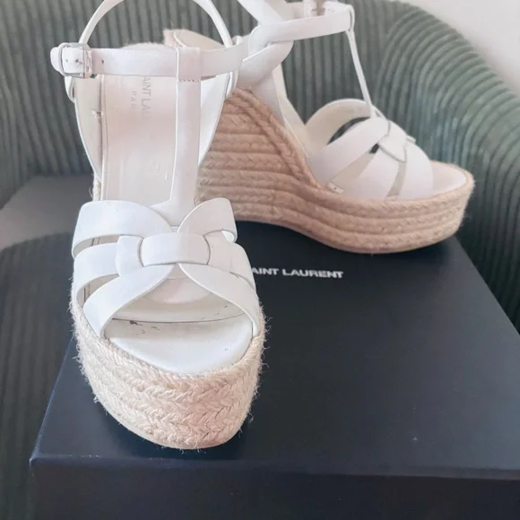 Saint Laurent Cream Woven Platform Sandals - Picture 3 of 5